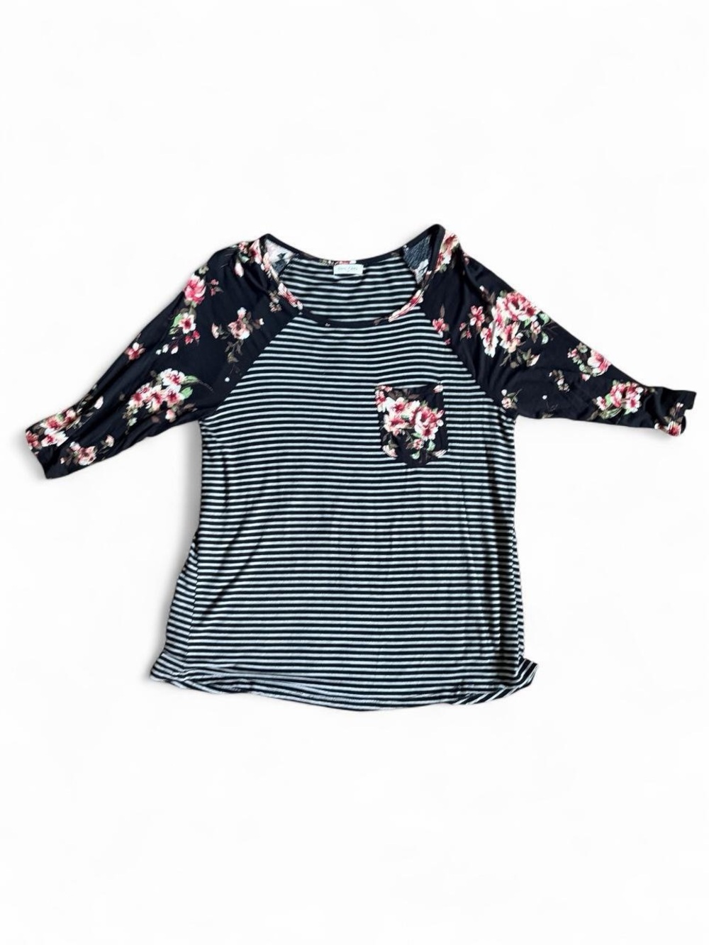 Floral Sleeve Striped Raglan Top - Navy and Pink